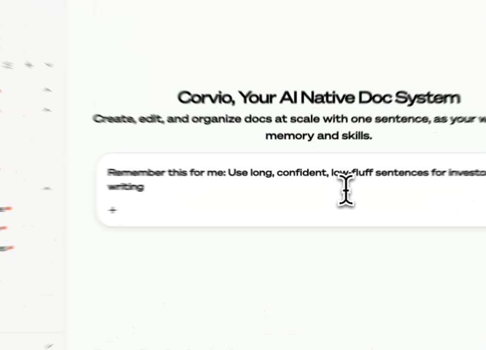 After: In Corvio, everything lives as online docs. Memory and skills can be viewed, edited, co-created with AI, and continuously updated like any document.